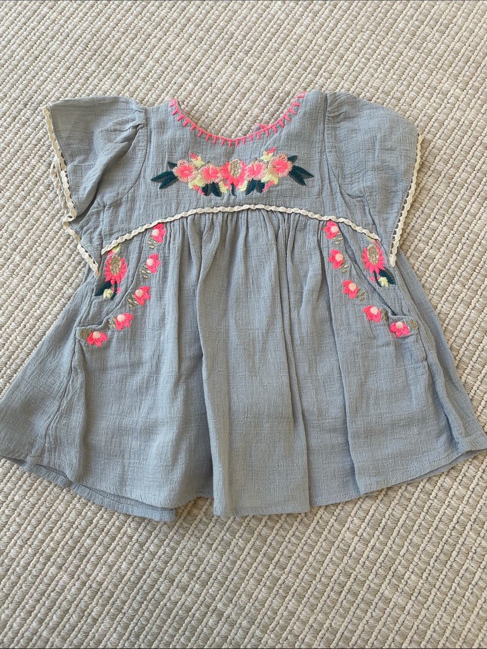Embroidered Gray Floral Girls' Peasant Top